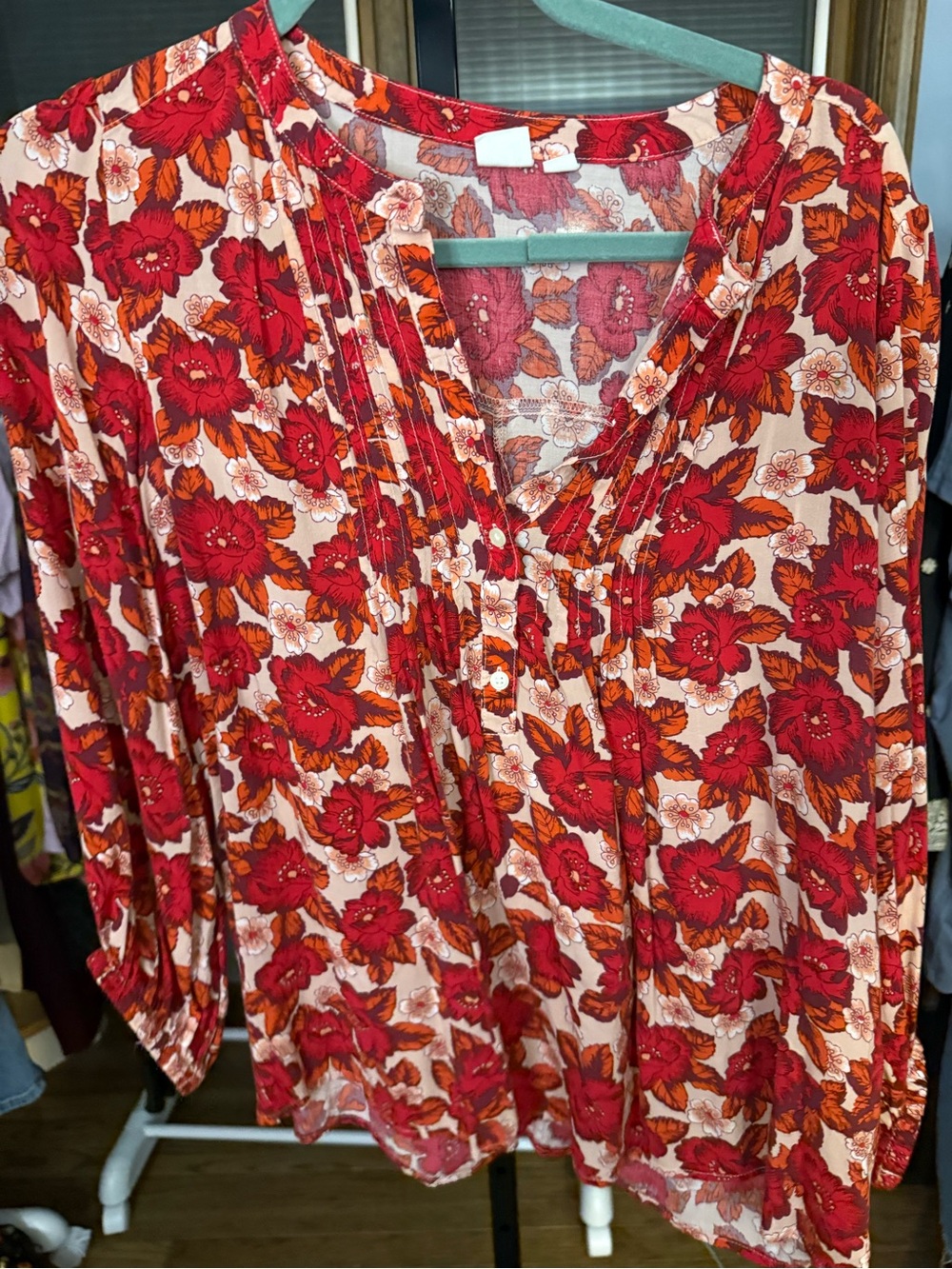 GAP Red Floral Pintuck Peasant Blouse